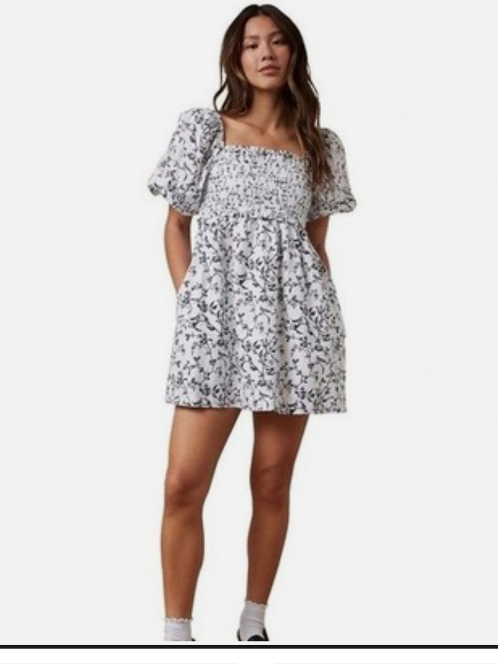 Bird Floral Babydoll Puffedsleeve Mini Smocked Dress Women Girlhoodcore Coquette